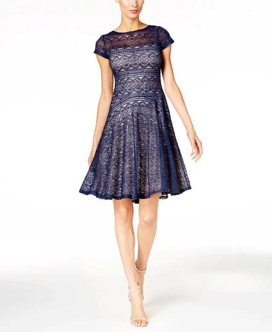 Sangria Sequined Lace Fit & Flare Dress