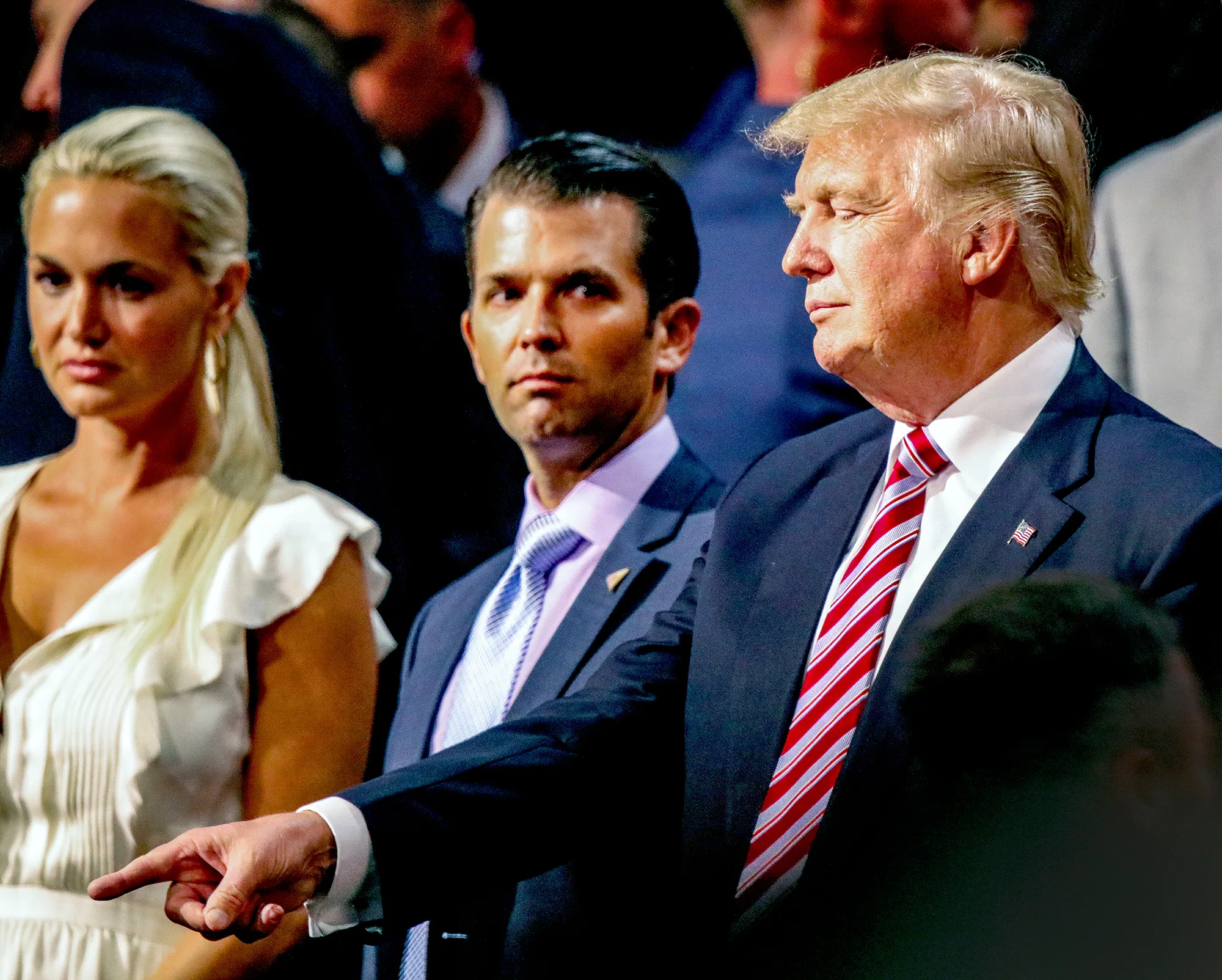 Donald Trump stands with Vanessa Trump and Donald Trump Jr. during the Republican National Convention at the Quicken Arena in Cleveland, Ohio, on July 20, 2016.