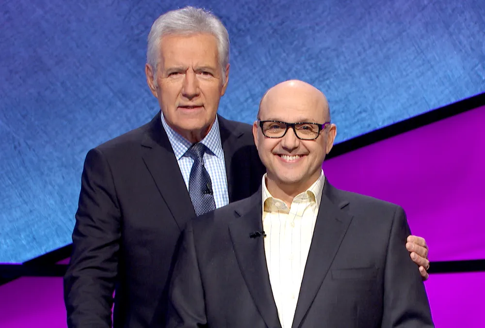 Alex Trebek and Paris Themmen on Jeopardy