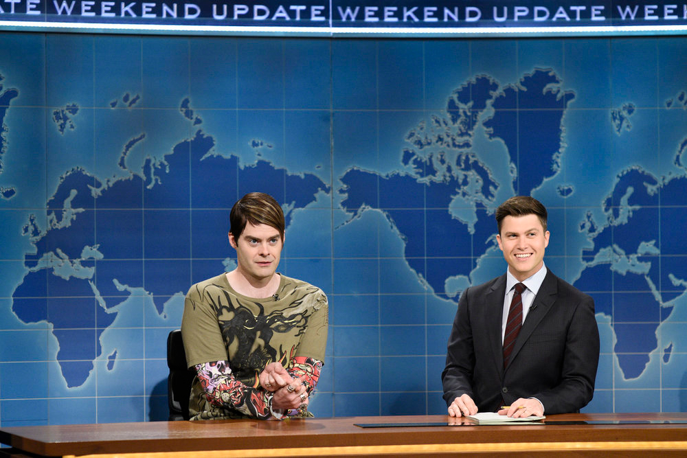 Bill Hader as Stefon and Colin Jost on Saturday Night Live's 'Weekend Update,' March 17, 2018