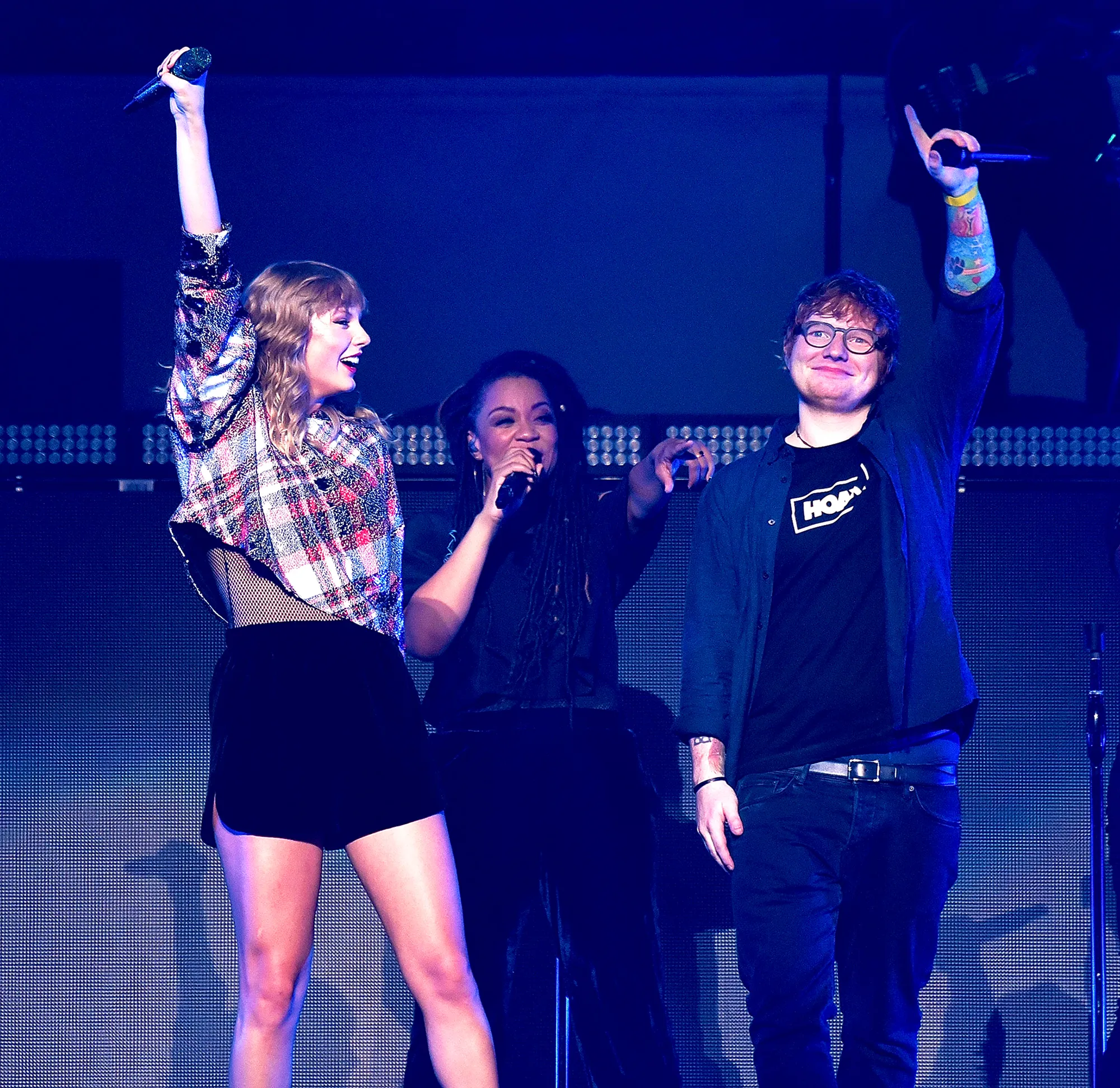 Ed Sheeran joins Taylor Swift onstage during the 99.7 NOW! POPTOPIA 2017 at SAP Center in San Jose, California.