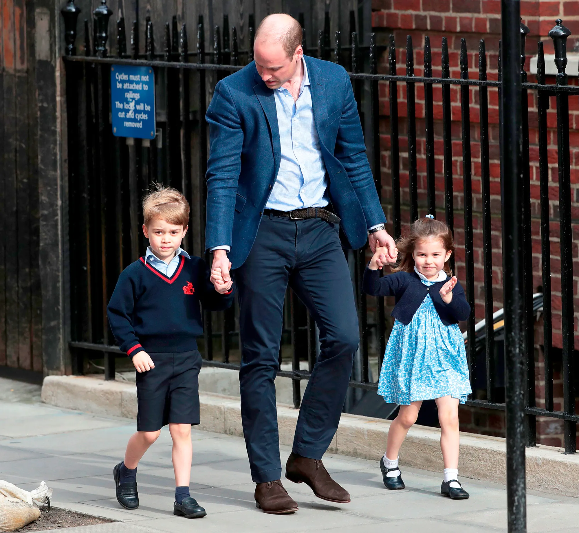Prince William arrives with Prince George and Princess Charlotte at the Lindo Wing after Kate Middleton gave birth to their son at St. Mary's Hospital on April 23, 2018 in London, England.