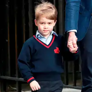 Prince William arrives with Prince George and Princess Charlotte at the Lindo Wing after Kate Middleton gave birth to their son at St. Mary's Hospital on April 23, 2018 in London, England.