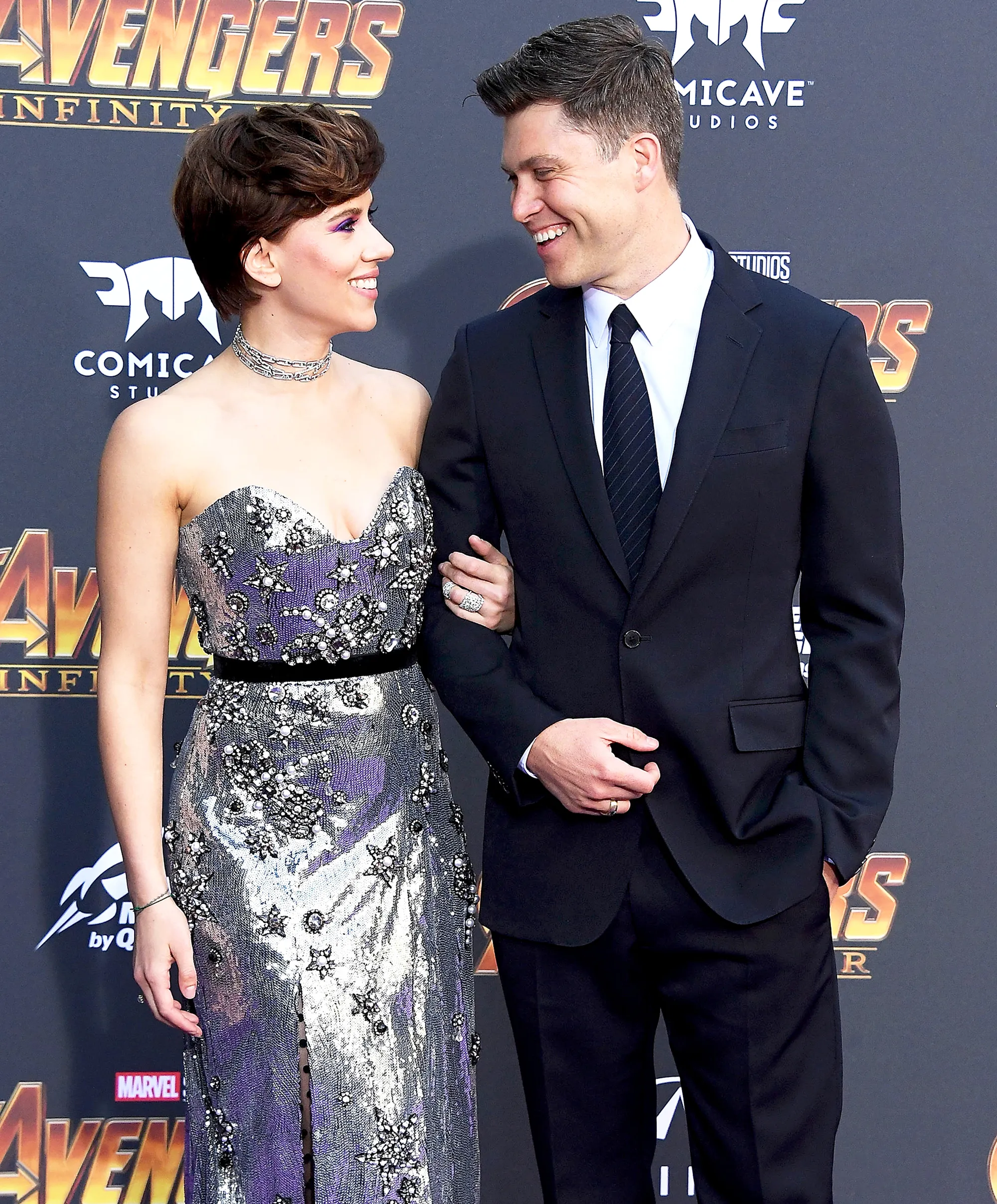 Scarlett Johansson and Colin Jost arrive at the Premiere Of Disney And Marvel's "Avengers: Infinity War" on April 23, 2018 in Los Angeles, California.