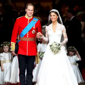 Prince William and Kate Middleton smile following their marriage at Westminster Abbey on April 29, 2011 in London, England.