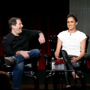 Aaron Korsh and Meghan Markle attend NBCUniversal 2014 Press Tour in West Hollywood, California.