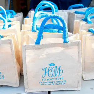 Monogrammed gift bags at Windsor Castle before the wedding of Prince Harry to Meghan Markle on May 19, 2018 in Windsor, England.