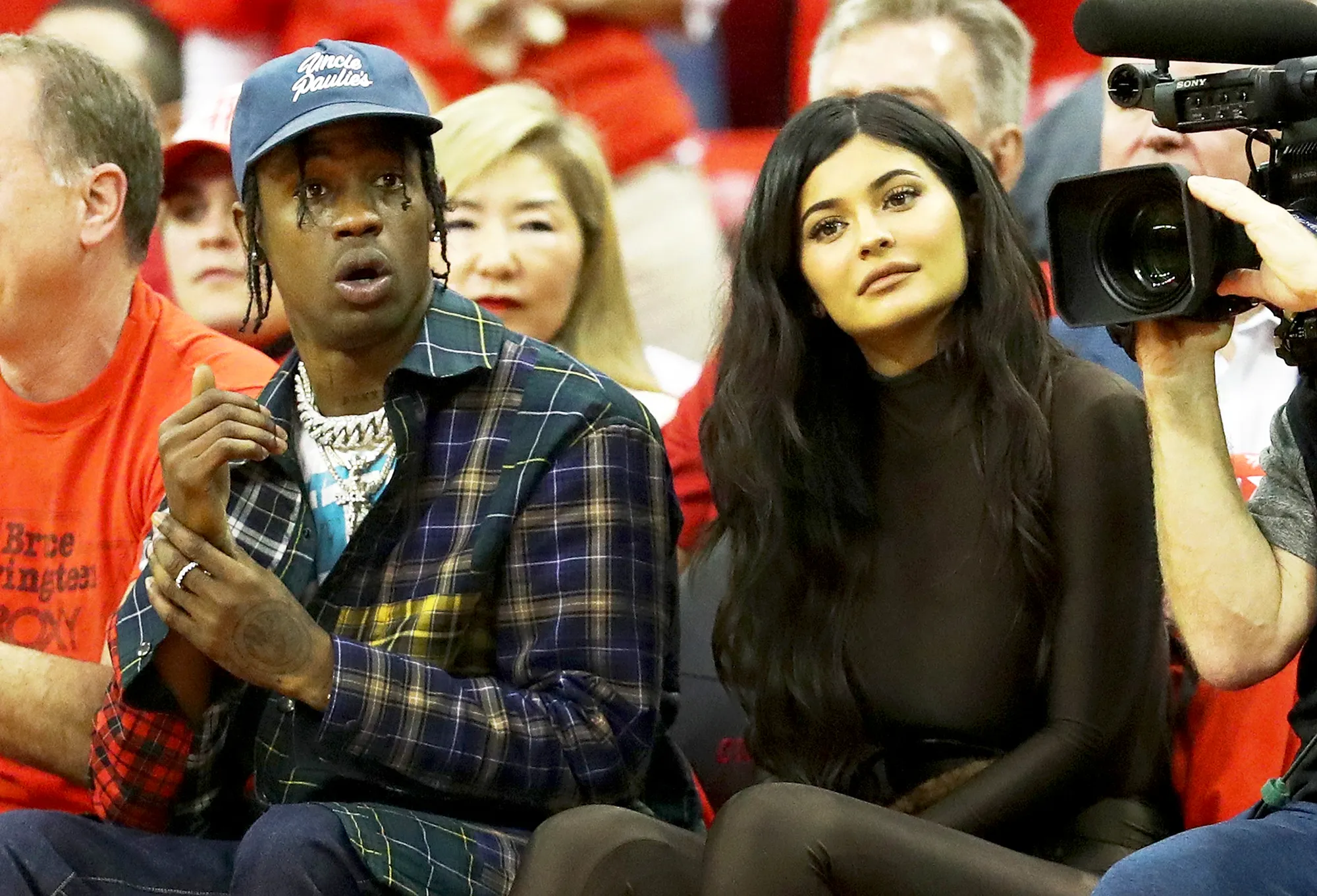 Travis Scott and Kylie Jenner attend Game Seven of the Western Conference Finals of the 2018 NBA Playoffs between the Houston Rockets and the Golden State Warriors at Toyota Center on May 28, 2018 in Houston, Texas.