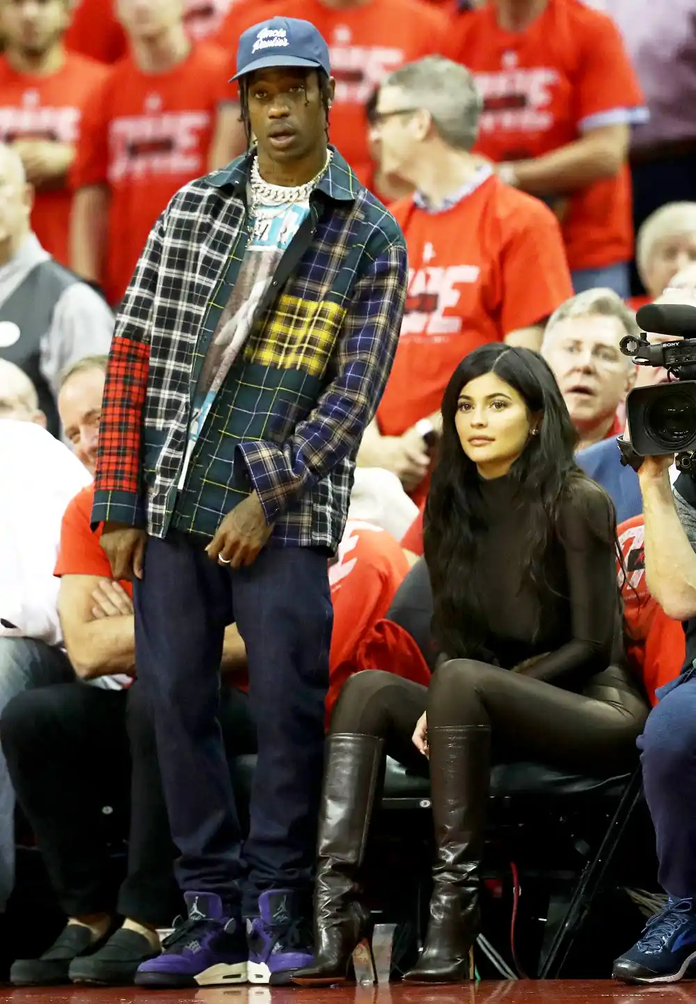 Travis Scott and Kylie Jenner attend Game Seven of the Western Conference Finals of the 2018 NBA Playoffs between the Houston Rockets and the Golden State Warriors at Toyota Center on May 28, 2018 in Houston, Texas.