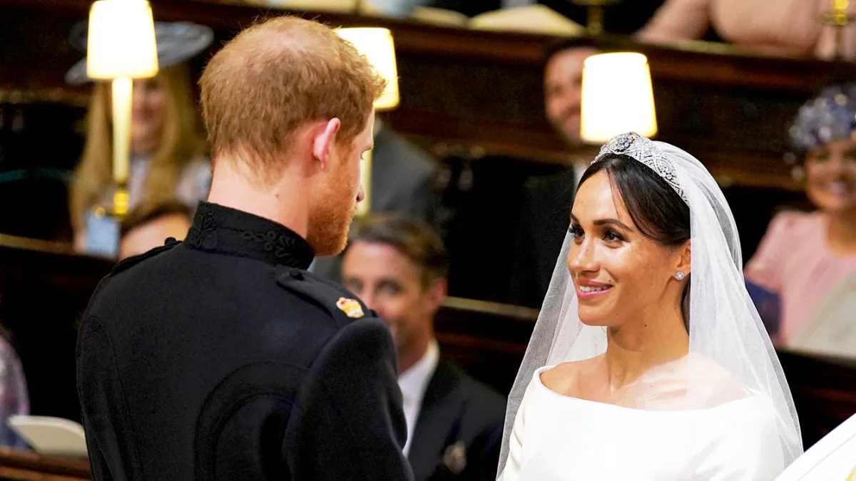 Prince Harry and Meghan Markle exchange vows during their wedding ceremony in St. George's Chapel at Windsor Castle on May 19, 2018 in Windsor, England.