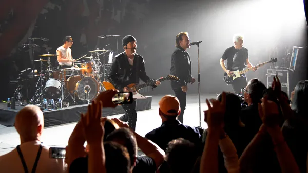 U2 performs on stage during SiriusXM’s private concert at the Apollo Theater in Harlem, New York, on June 11, 2018.