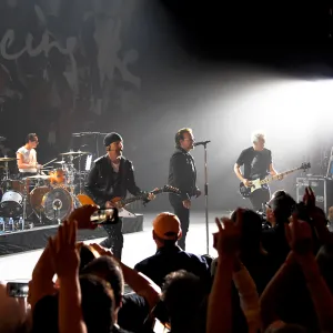 U2 performs on stage during SiriusXM’s private concert at the Apollo Theater in Harlem, New York, on June 11, 2018.