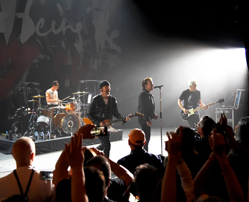 U2 performs on stage during SiriusXM&rsquo;s private concert at the Apollo Theater in Harlem, New York, on June 11, 2018.