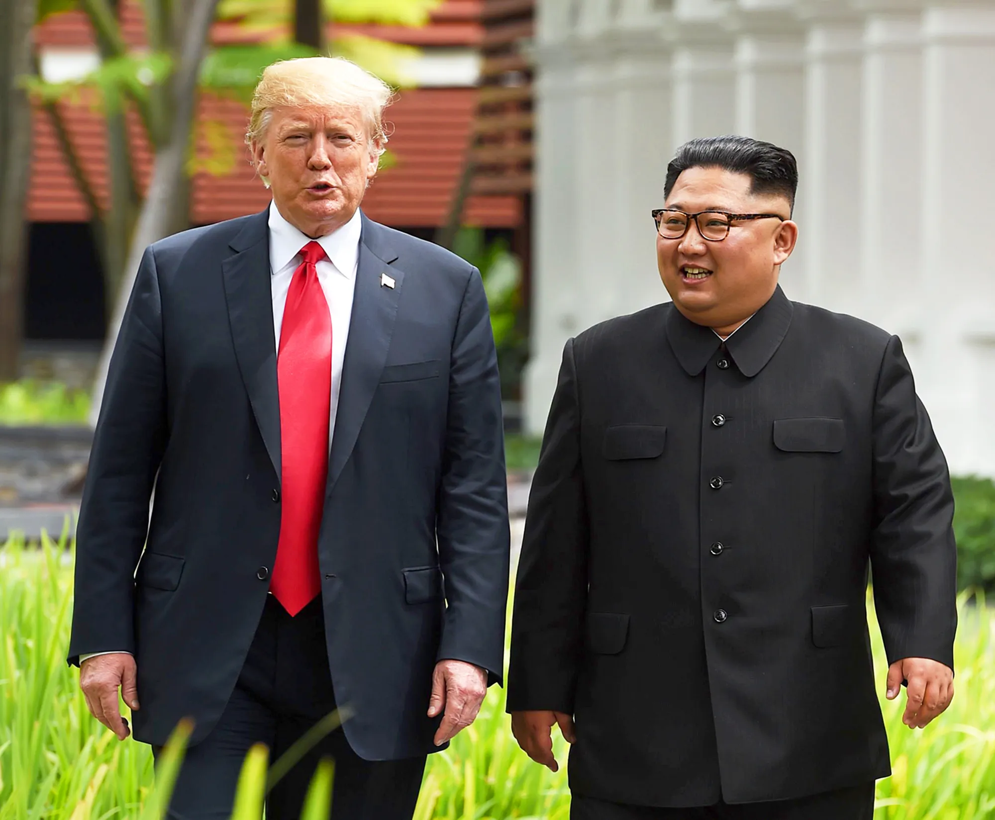 Donald Trump and Kim Jong Un during their historic US-North Korea summit at the Capella Hotel on Sentosa island in Singapore on June 12, 2018.