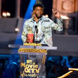 Chadwick Boseman accepts the Best Hero award for 'Black Panther' onstage during the 2018 MTV Movie And TV Awards at Barker Hangar on June 16, 2018 in Santa Monica, California.
