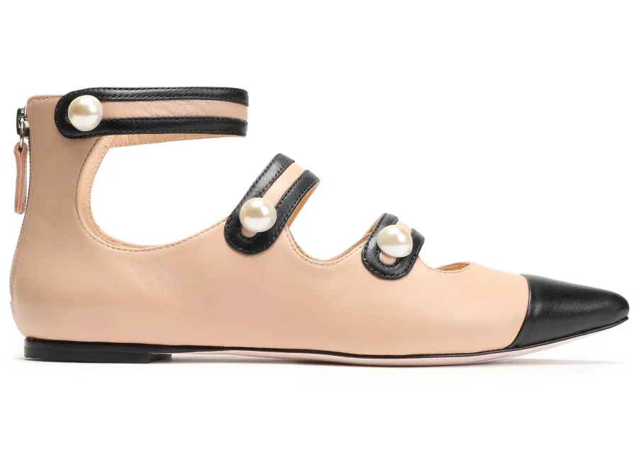 ISA TAPIA Faux pearl-embellished two-tone leather point-toe flats