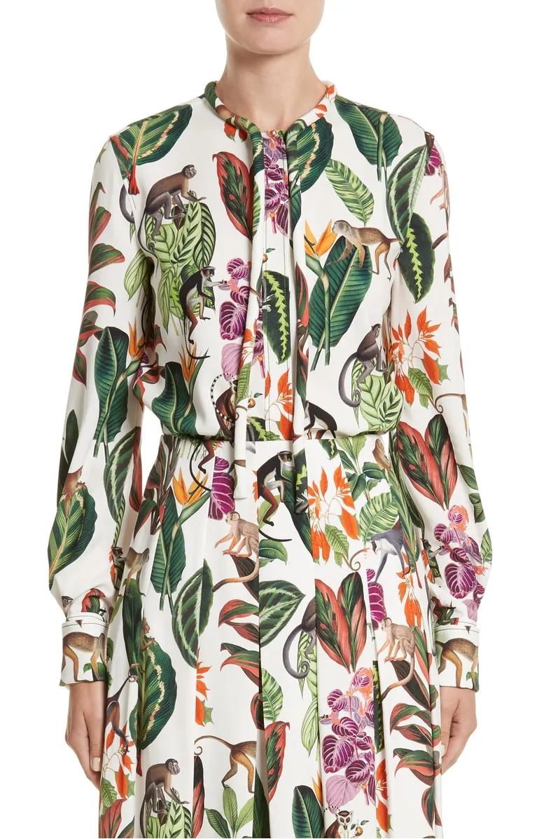 Oscar de la Renta Jungle Print Georgette Blouse