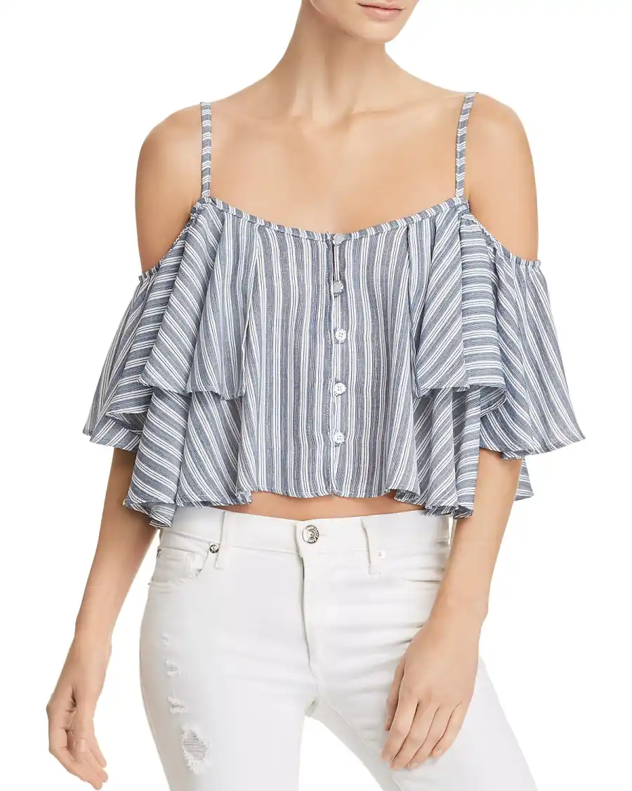 Vintage Havana Striped Cold-Shouldered Cropped Top