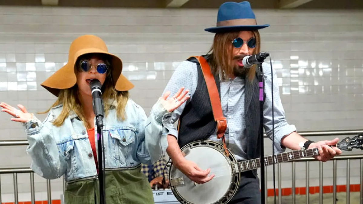 Christina Aguilera with Host Jimmy Fallon during a "Subway Busking"
