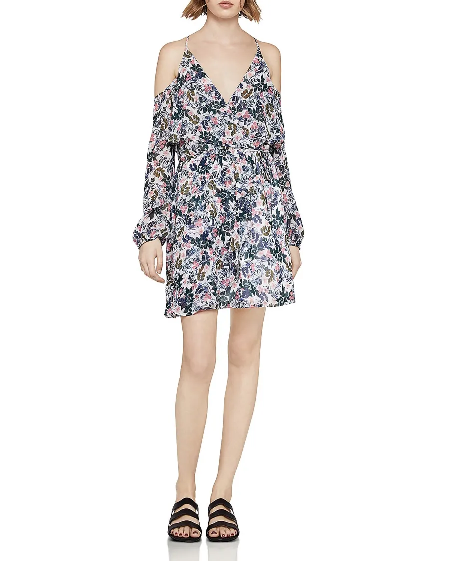 BCBGeneration Flounced Floral Cold-Shoulder Dress