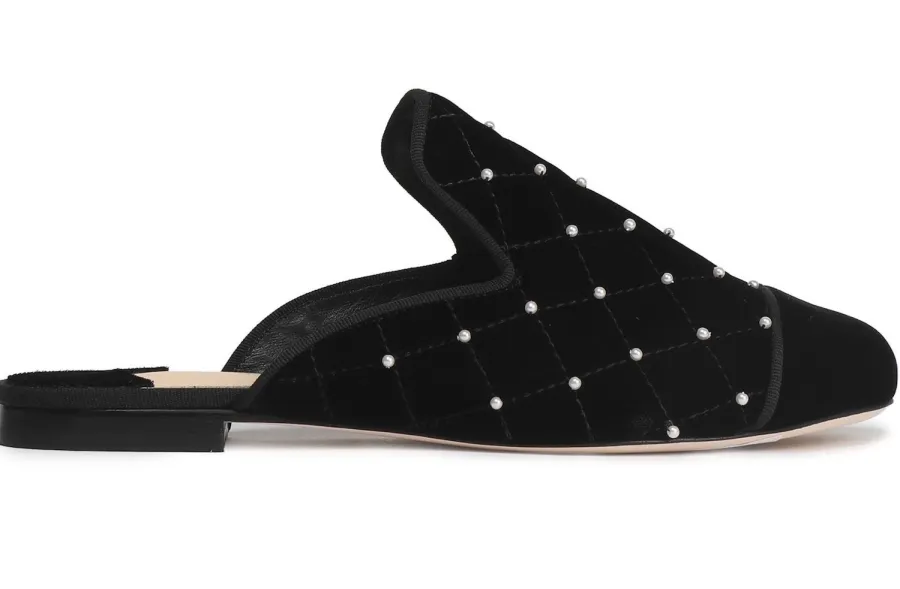 ISA TAPIA Faux pearl-embellished quilteds velvet slippers