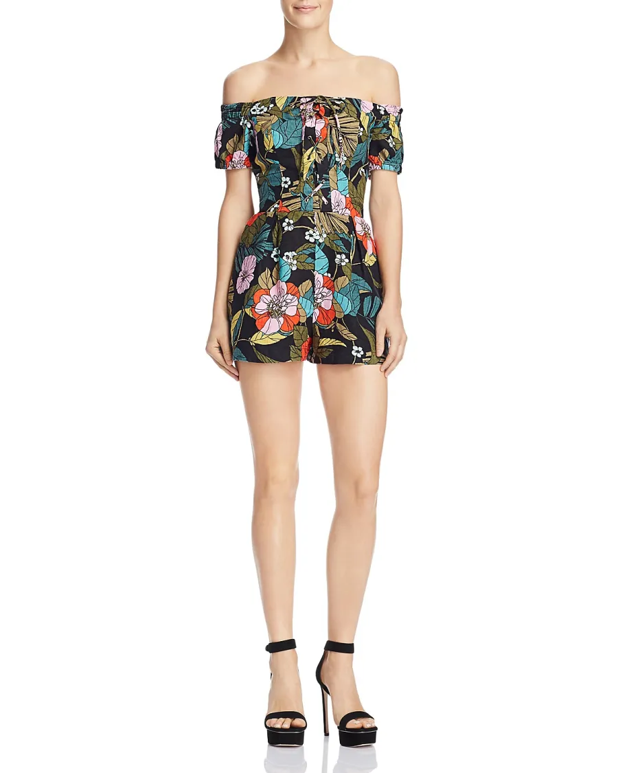 Guess Off-the-Shoulder Lace-Up Linen Romper