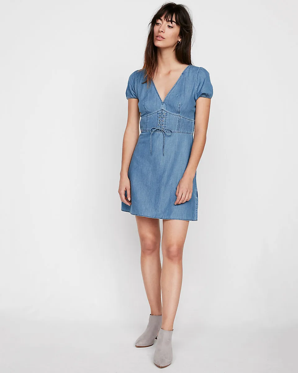 Puff Sleeve Denim Corset Dress