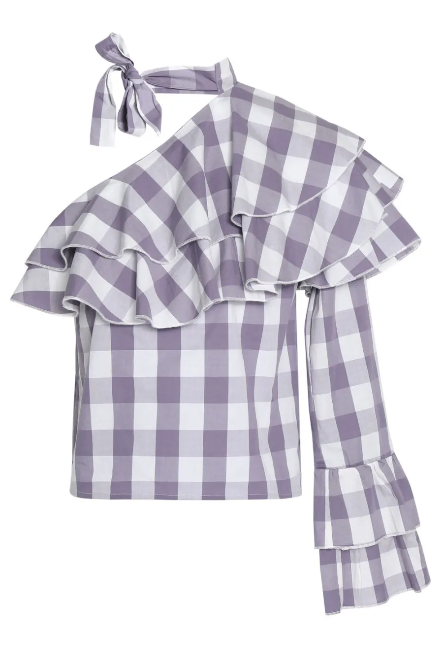 W118 BY WALTER BAKER One-shoulder ruffled gingham cotton-poplin top