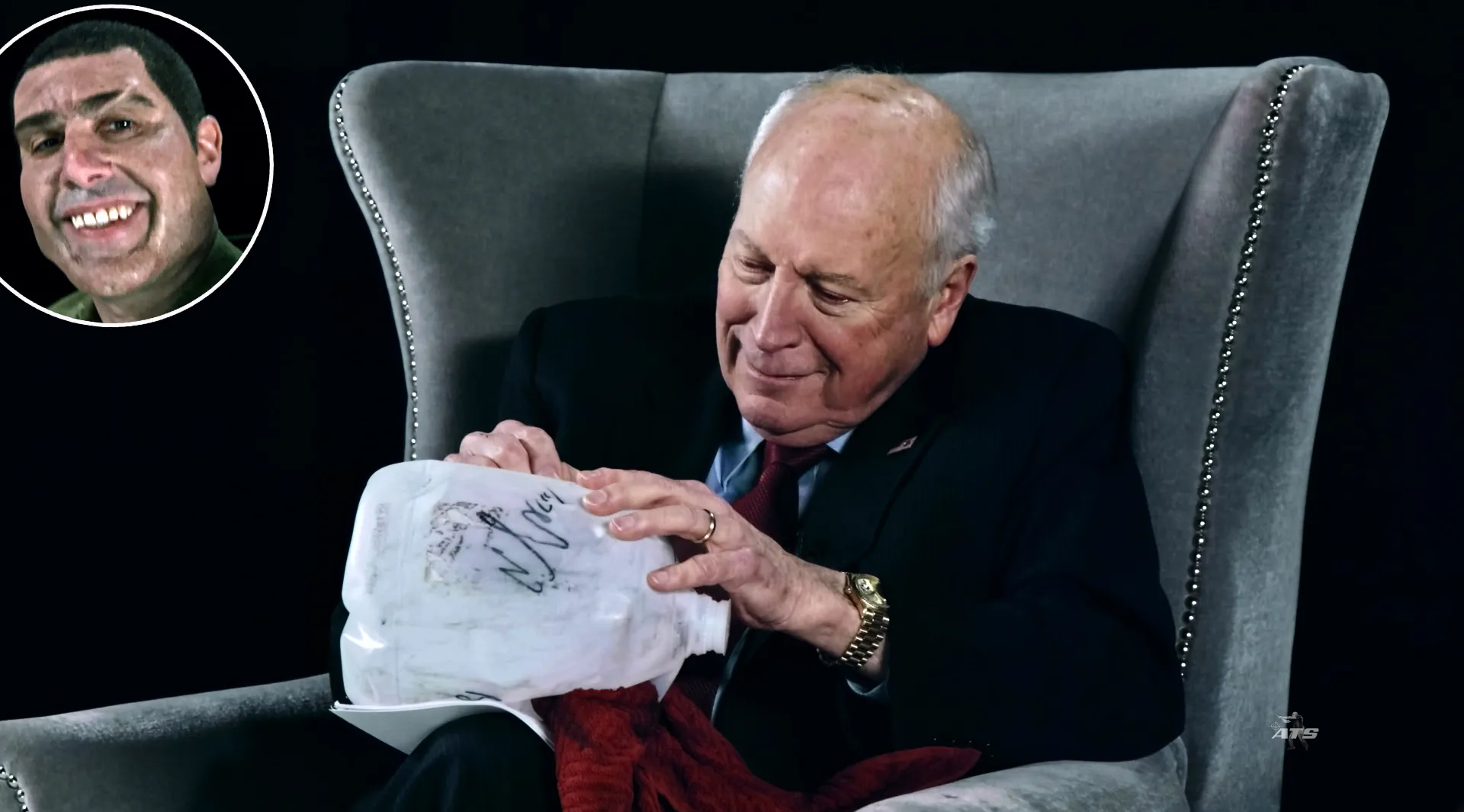 Dick Cheney in a still from WHO IS AMERICA?