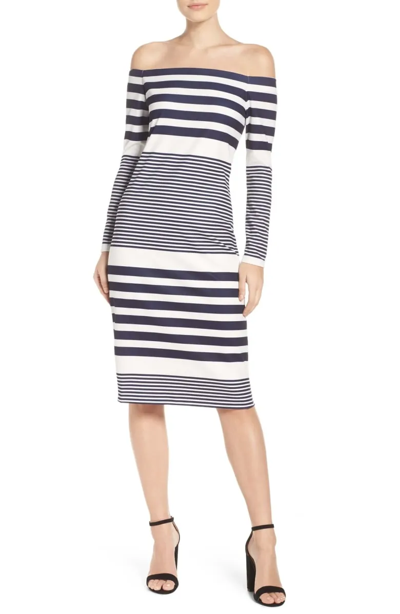 striped off shoulder midi dress