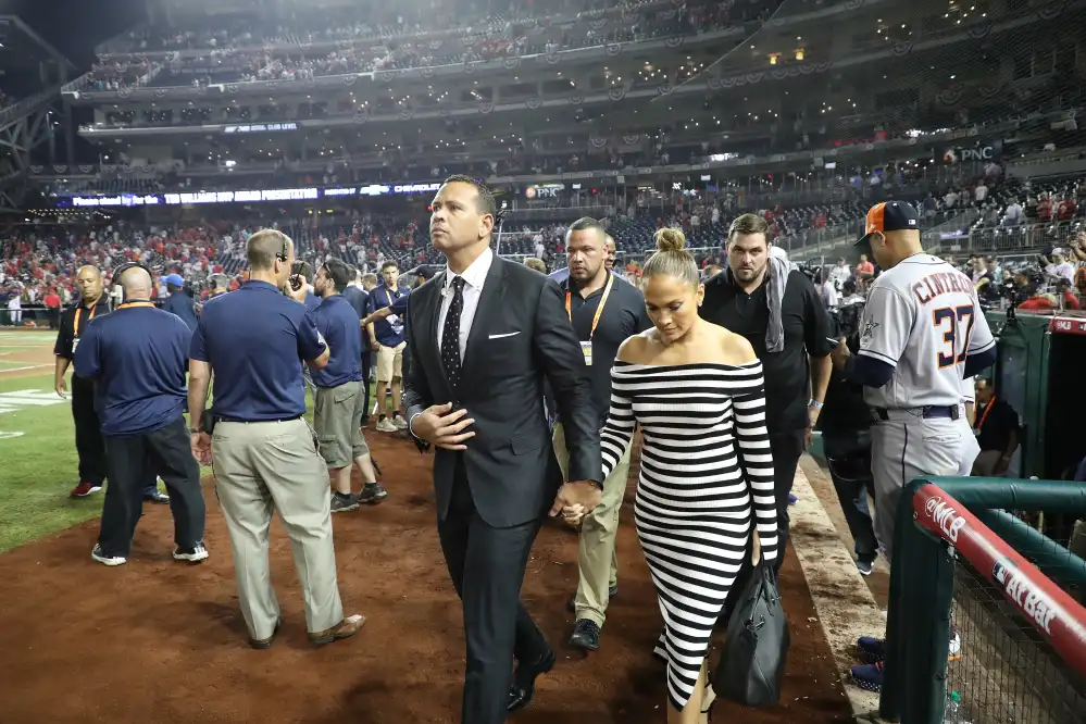 jennifer lopez striped midi dress alex rodriguez