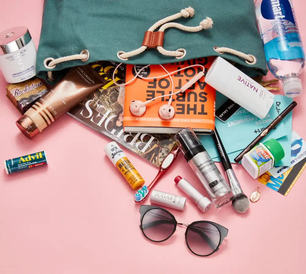 Katie Steven bag water bottle book magazine