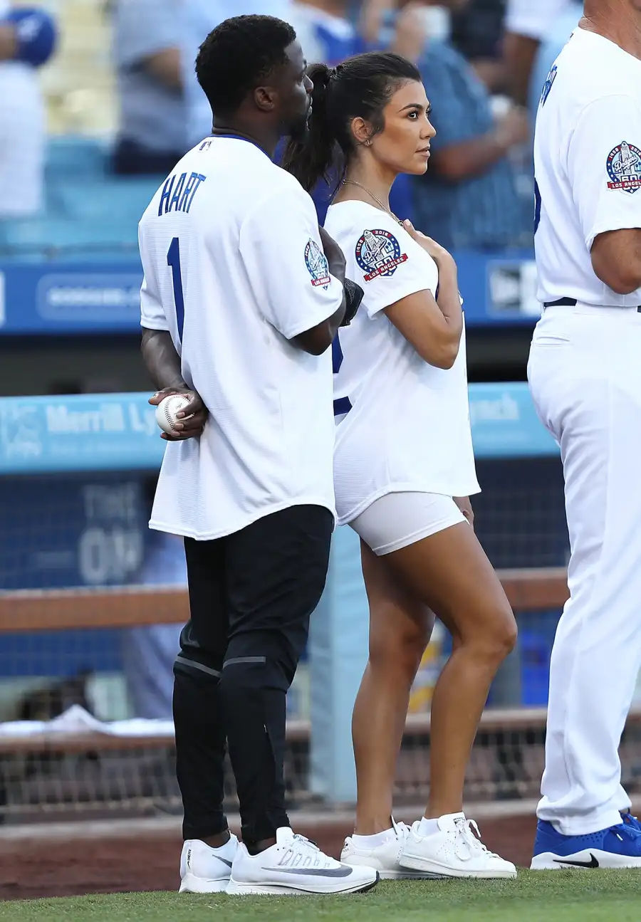 Kourtney Kardashian throws out the ceremonial first pitch prior to the MLB game at Dodger Stadium.