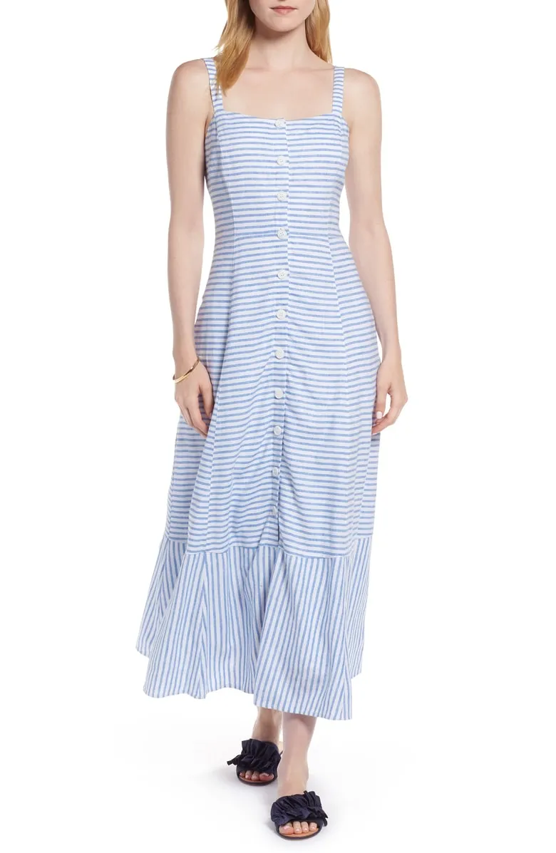 1901 Button Front Stripe Linen Blend Dress