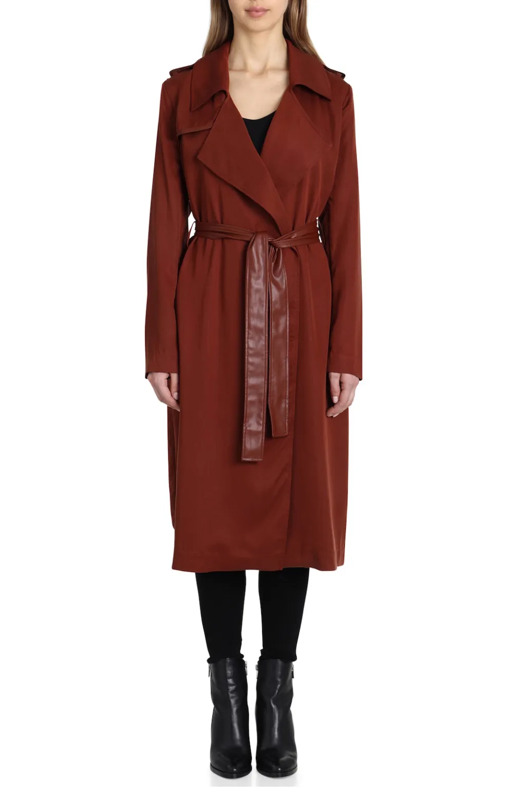 Badgley Mischka Faux Leather Trim Long Trench Coat