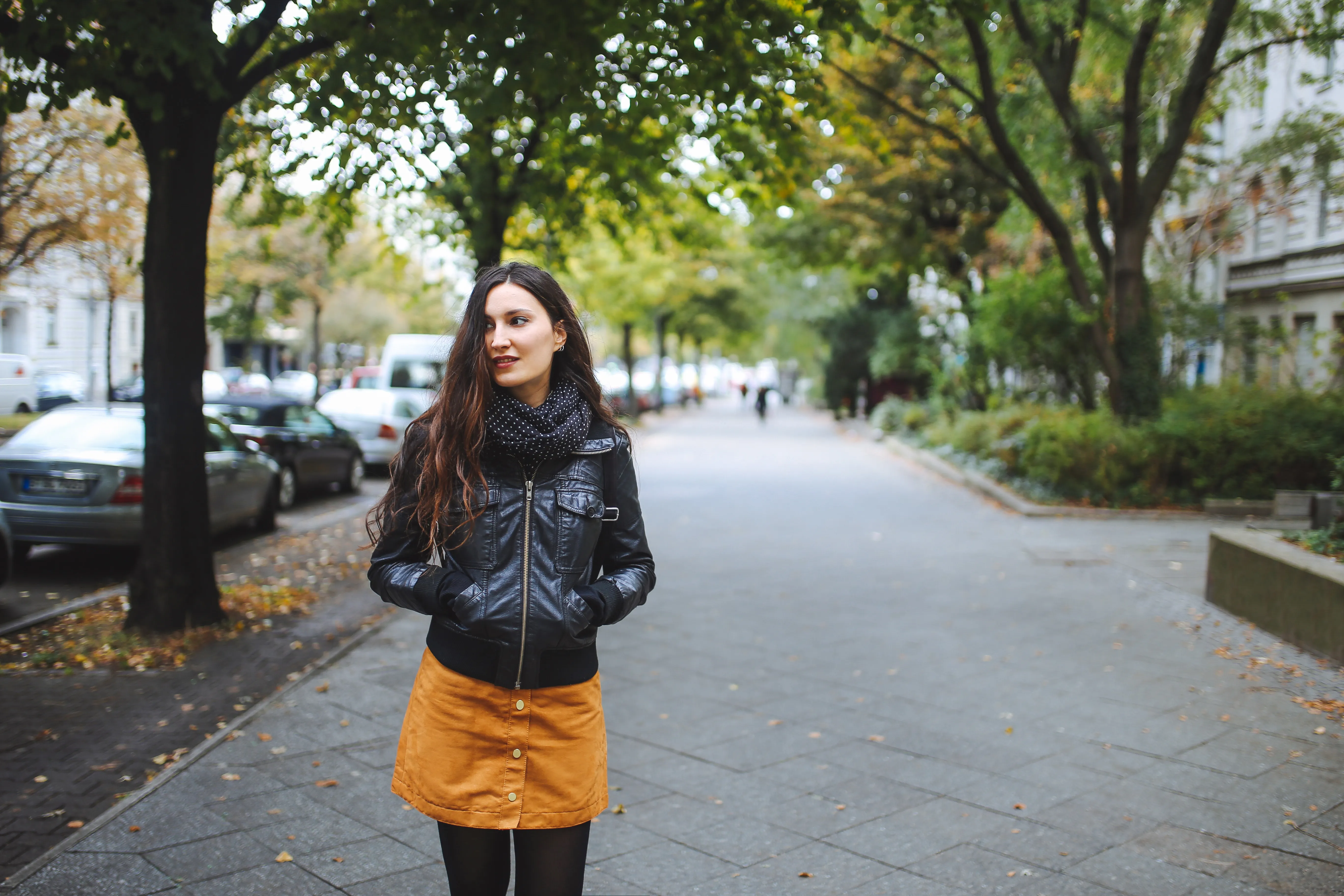 woman in leather jacket