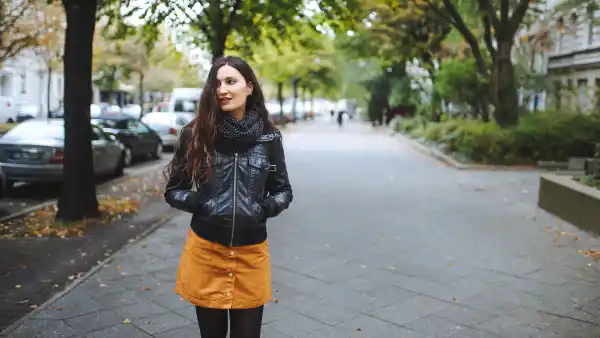 woman in leather jacket