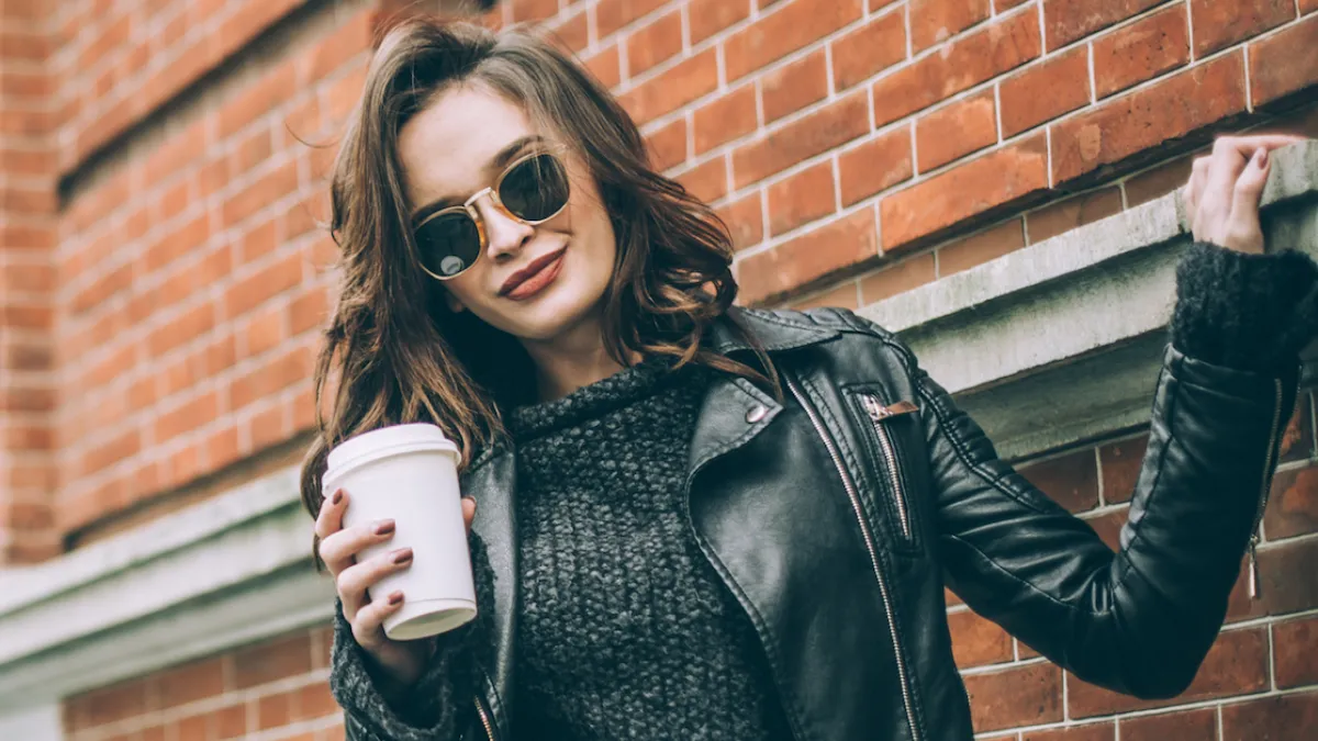 Woman wearing leather jacket