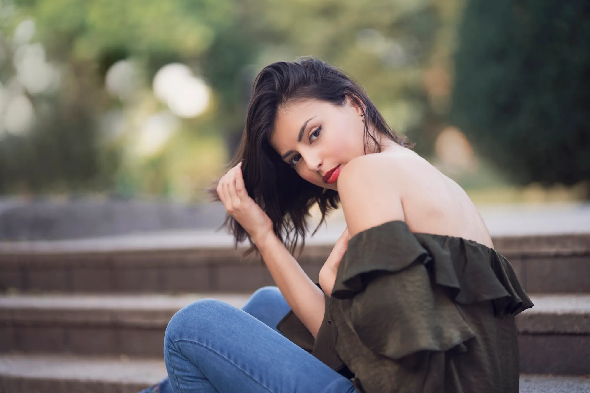 Woman wearing off the shoulder top