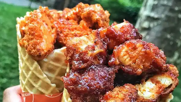 Fried chicken in a waffle cone