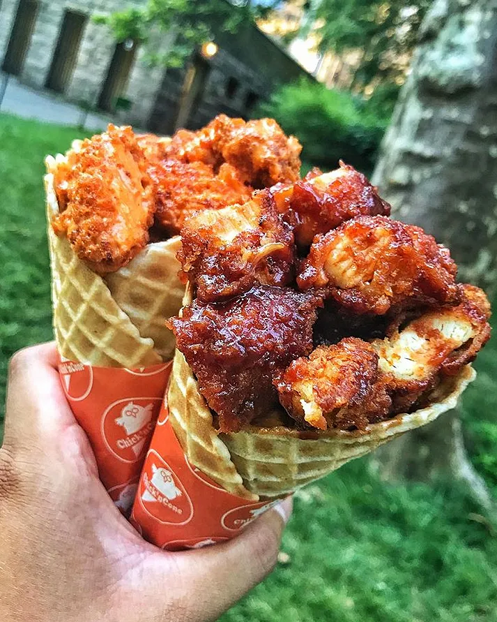 Fried chicken in a waffle cone