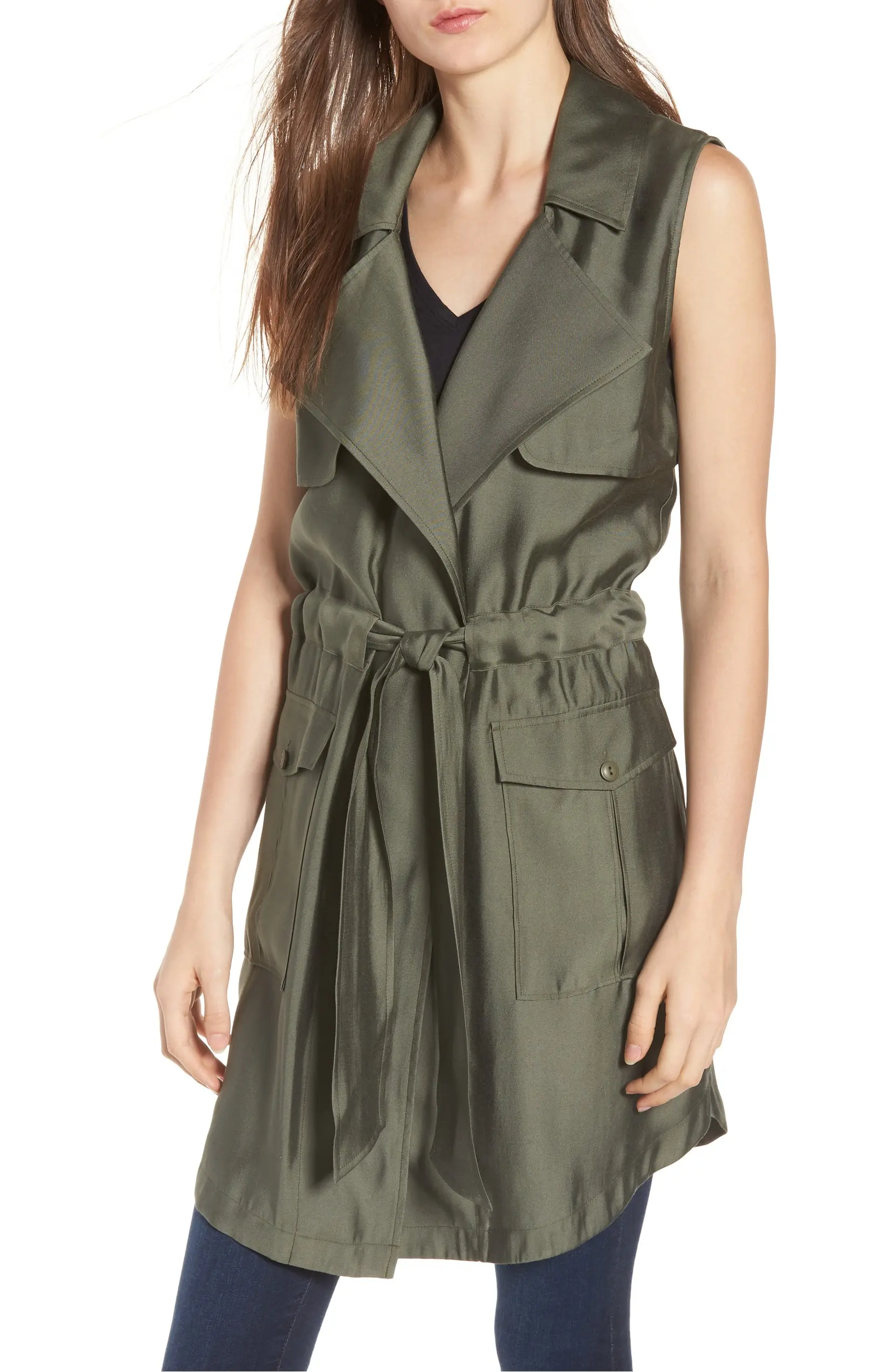 green sleeveless trench