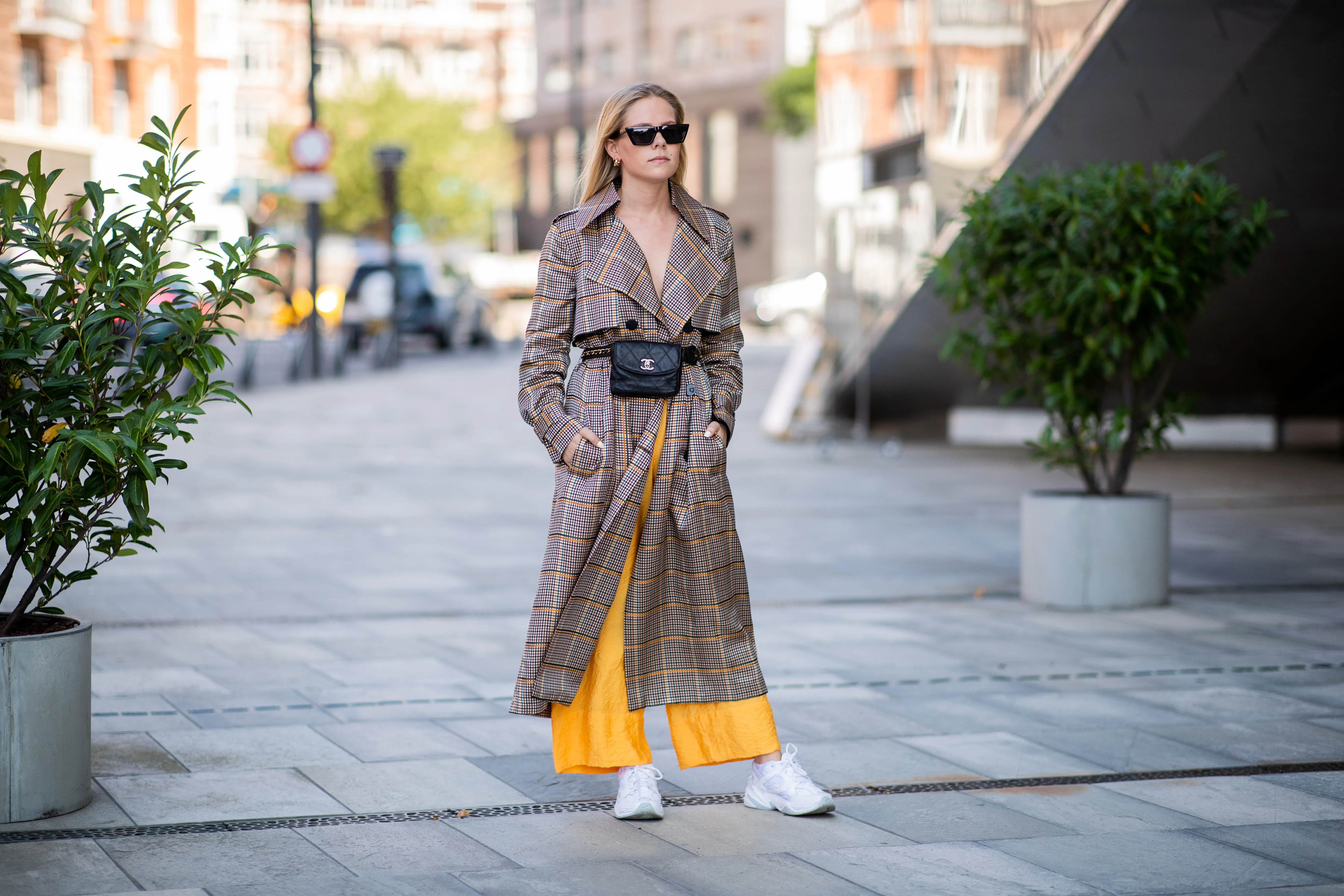 plaid trench coat street style
