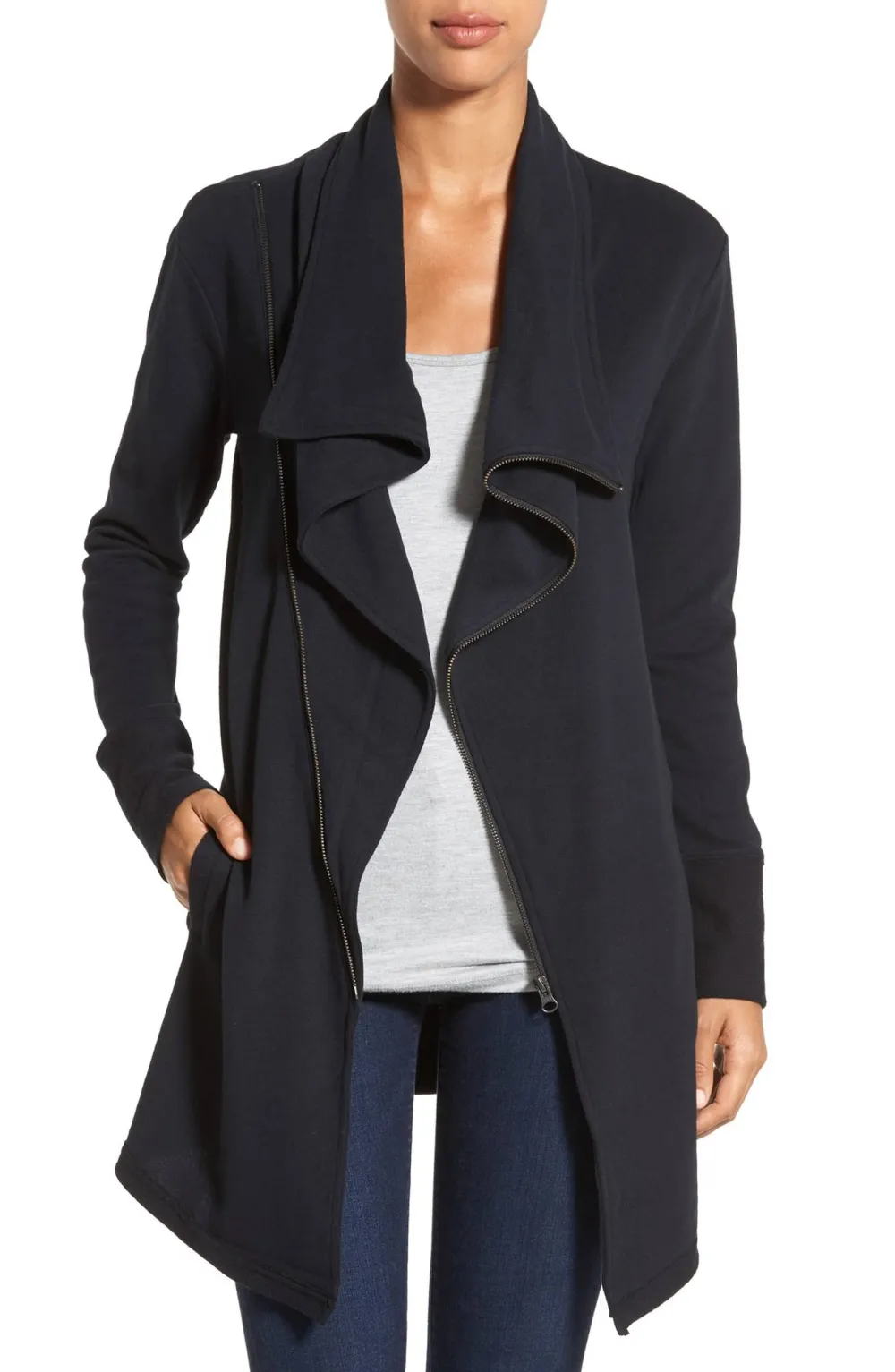 Caslon Asymmetrical Drape Collar Terry Jacket