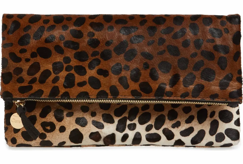 Clare V. Genuine Calf Hair Leopard Print Foldover Clutch