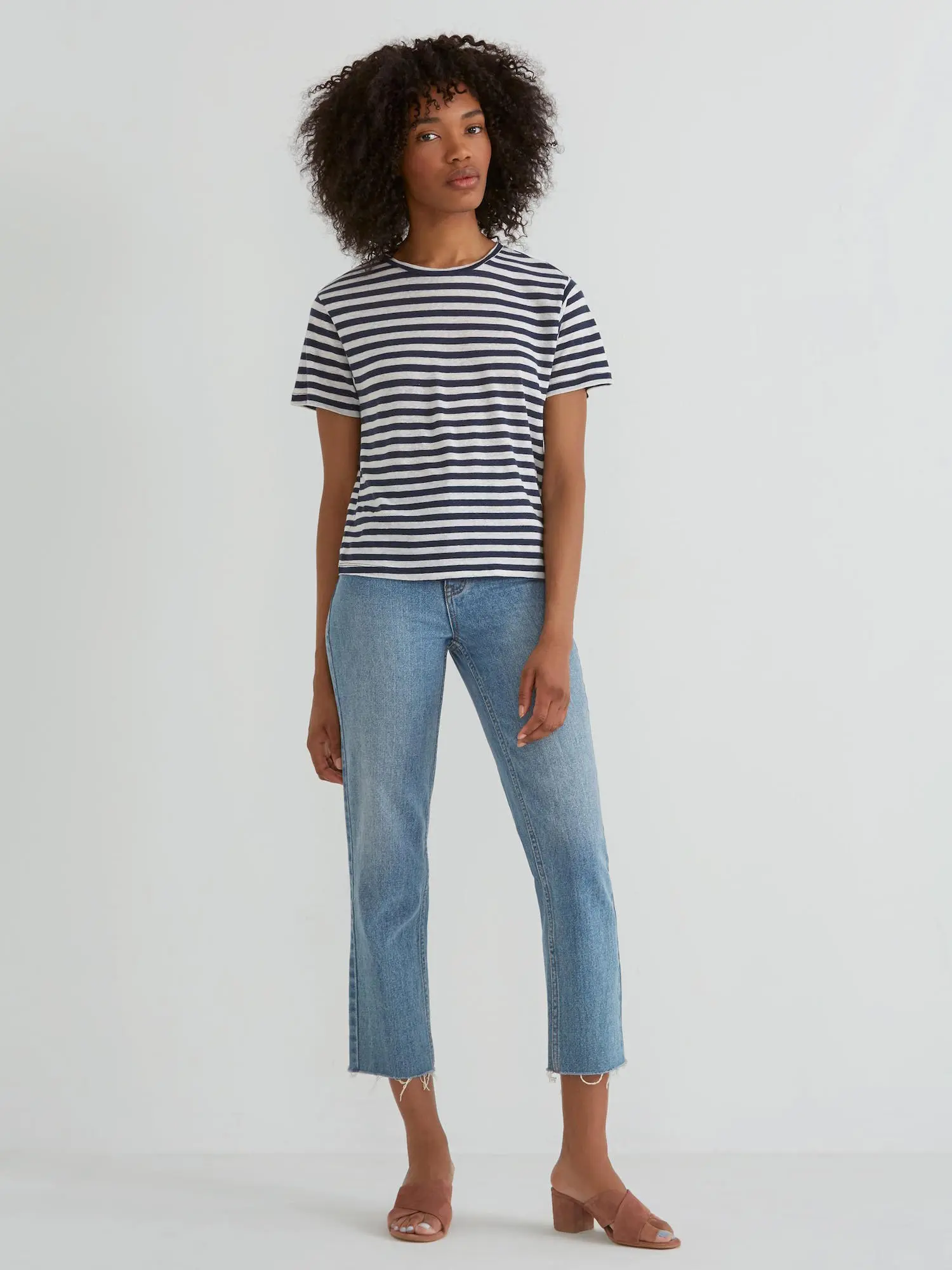 Frank and Oak Striped Linen Boy T-shirt in Navy Blazer