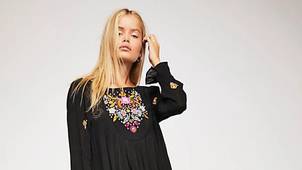 swingy floral embroidered dress black