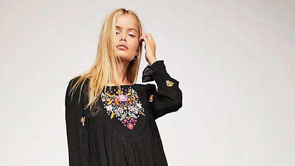 swingy floral embroidered dress black