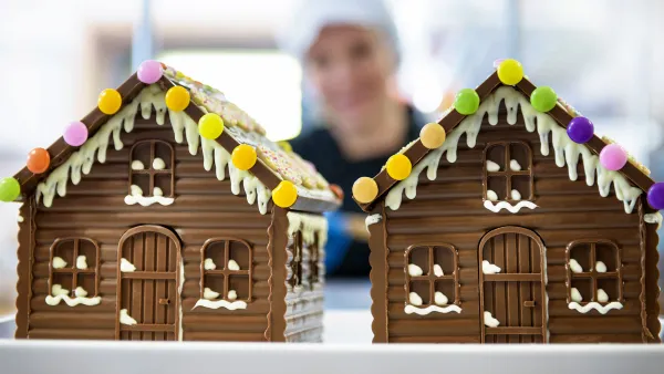 Close up of chocolate houses made in sweet factory