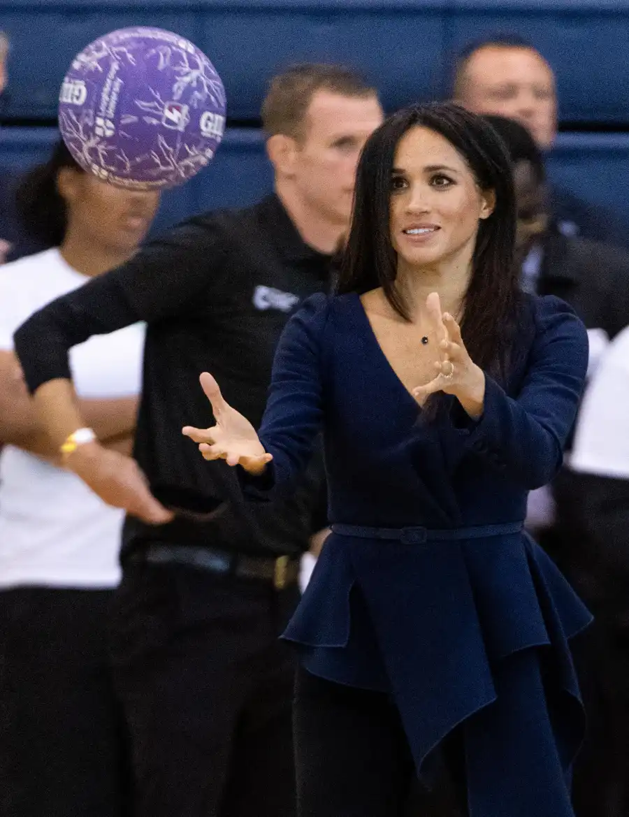 Megan Markle Plays Basketball in Oscar De La Renta and Heels at Royal Function With Prince Harry